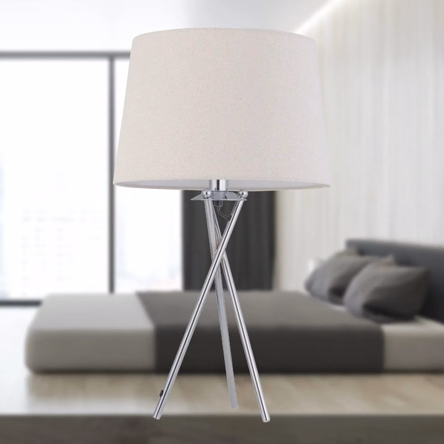 First Choice Lighting Set of 2 Chrome Tripod Lamps with Silver Fabric Cylinder Shades – 2