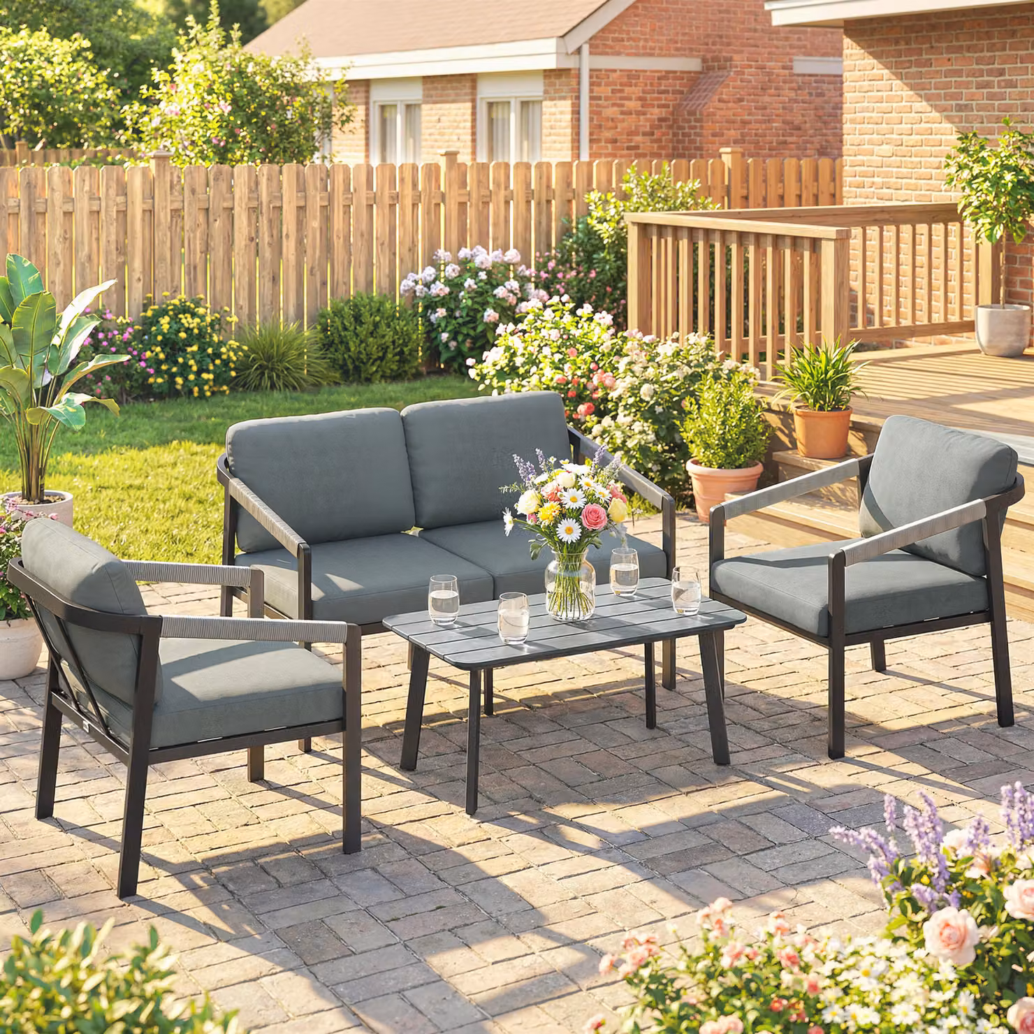 Outsunny 4 Seater Grey Aluminium Garden Furniture Set with Upholstered Cushions, 2 Seater Sofa, 2 Armchairs and Coffee Table – 2