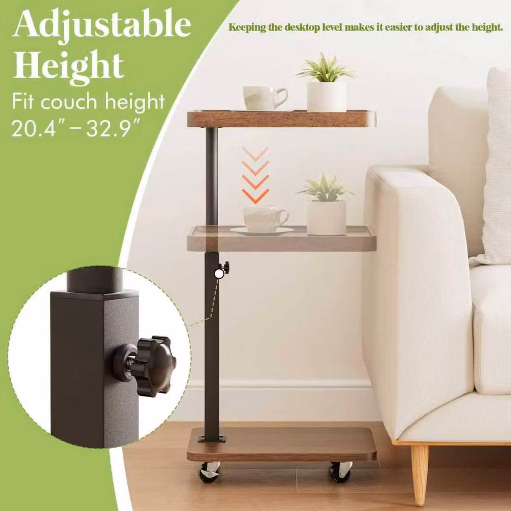 Huhote Height Adjustable C Shaped Swivel End Side Table with Castors in Brown – 3