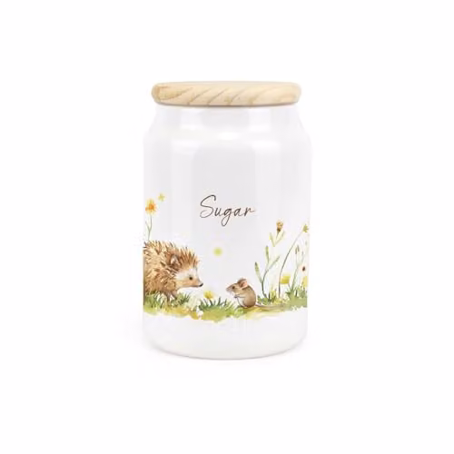Purely Home Hedgehog and Mouse Ceramic Sugar Storage Canister with Wooden Lid, White, 600ml, H 14.5 cm x W 9.5 cm