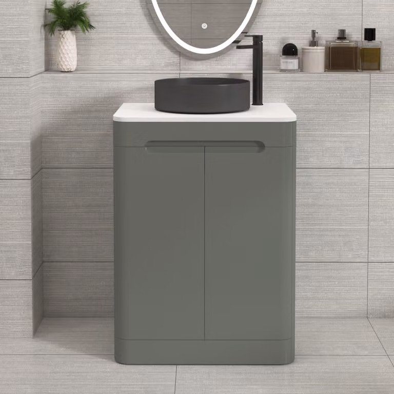 Royal Bathrooms Venice 600mm Sage Green Floor Standing 2 Door Vanity Unit with Plain White Worktop and Art Deco Round Basin
