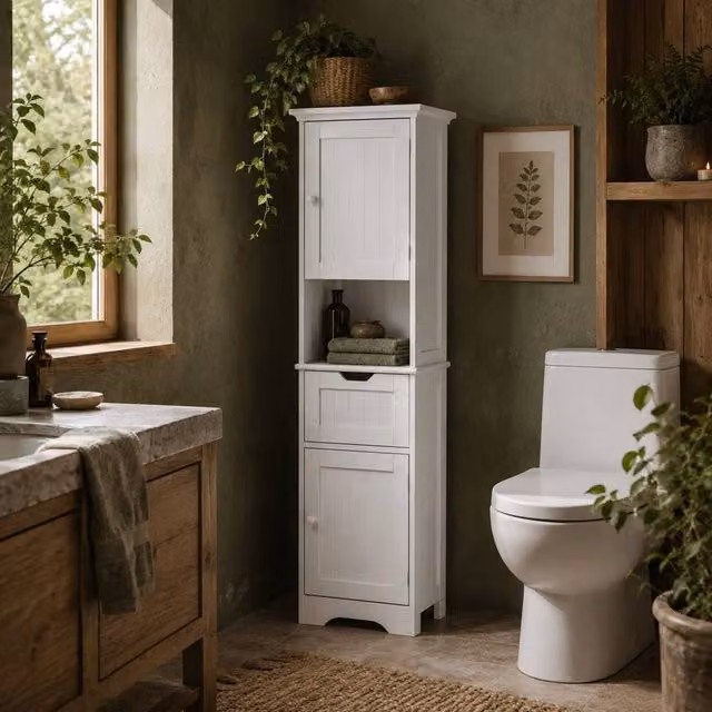 Wyld Haus Morale Slim White Freestanding Bathroom Storage Cabinet with Motion Sensor LED Lighting and Internal Shelves and Drawers H 170 x W 30 x D 2 cm