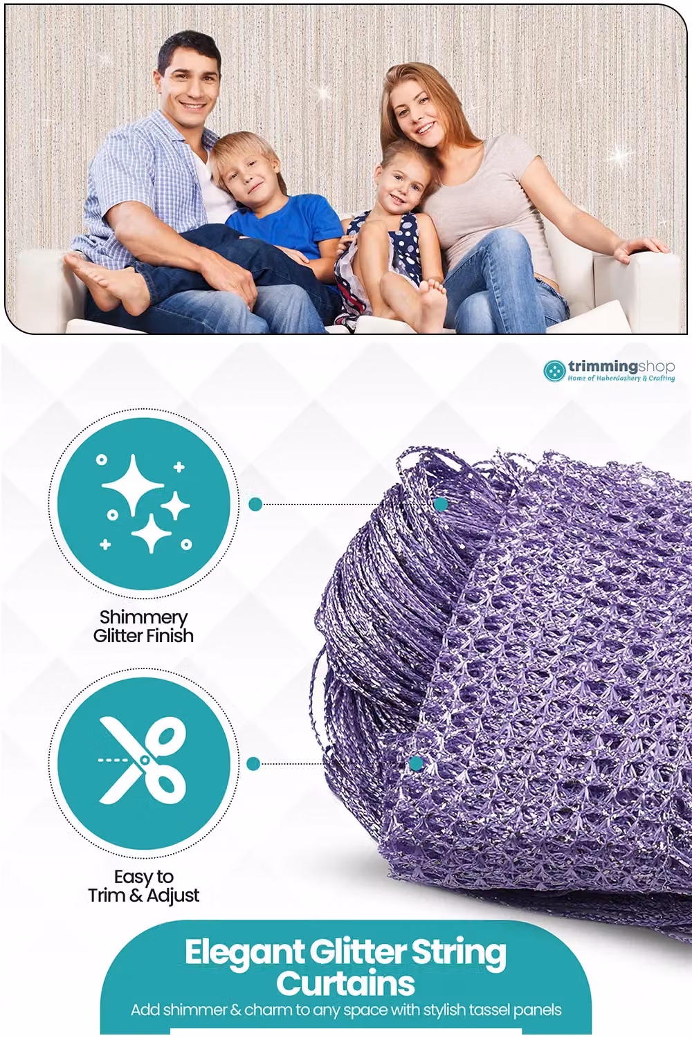 Neel Blue Glitter Polyester String Curtain with Spaghetti Tassel Fringe, W: 90 cm, H: 200 cm – 3