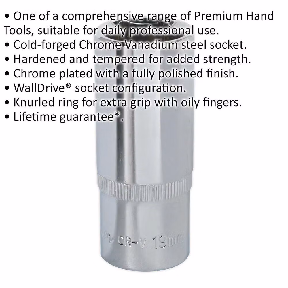 Loops 19mm Deep Drive Socket 3/8 inch Square Drive Forged Chrome Vanadium Steel in Silver – 2