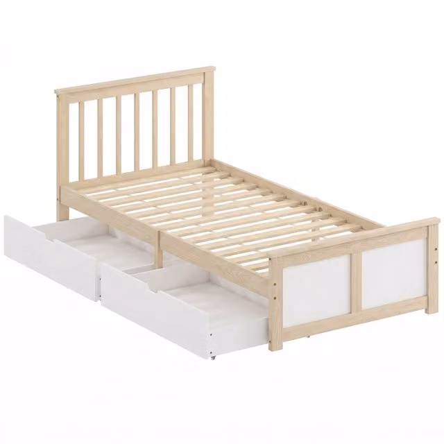 HOMCOM Single Solid Pine Wood Storage Bed with Drawers and Headboard, White, W/D/H: 90 x 190 cm – 1