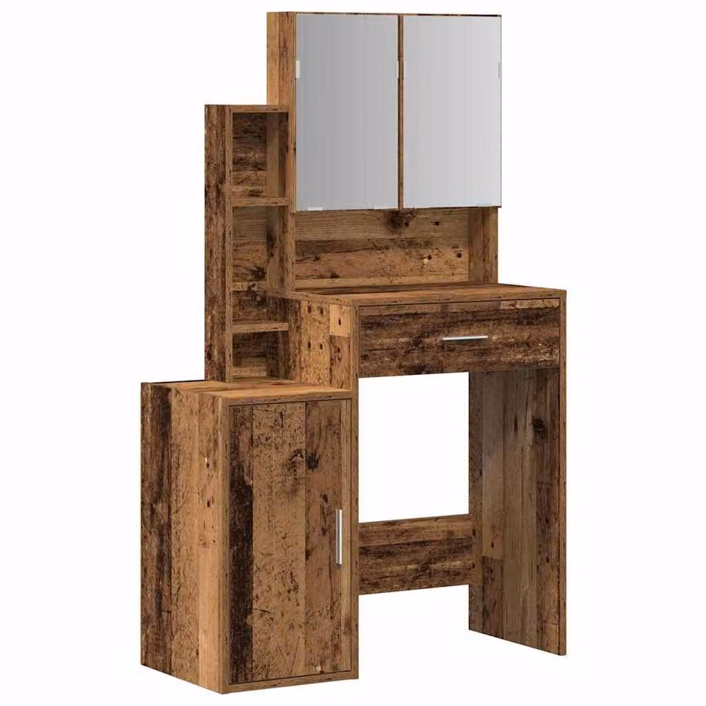 Berkfield Home Rustic Brown Wood Dressing Table with Hollywood LED Mirror – 3