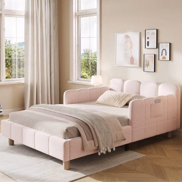 Matteo Pink Velvet Upholstered Single Bed for Children with Safety Rail and Side Compartments, W/D/H: 90 x 200 cm