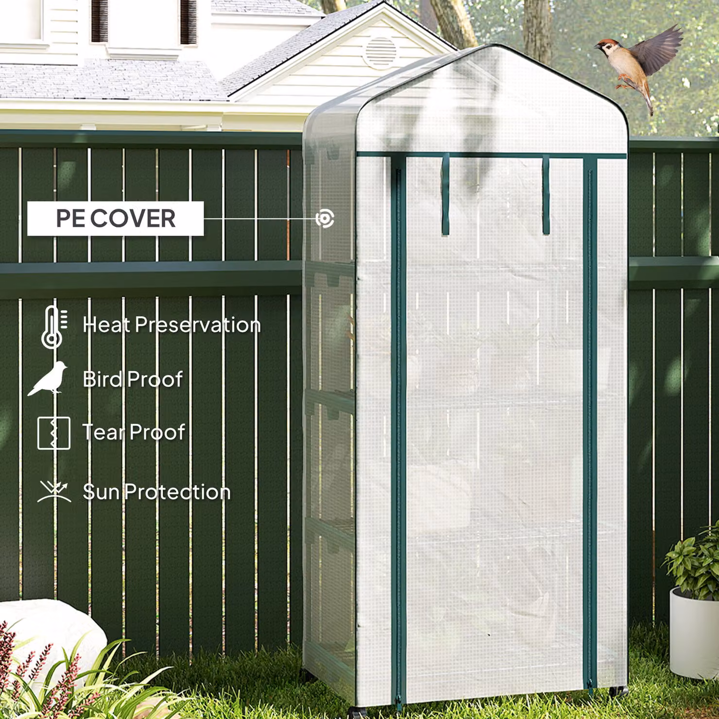 Outsunny 4 Tier Mini Portable Greenhouse with Metal Frame and PE Cover in White – 5