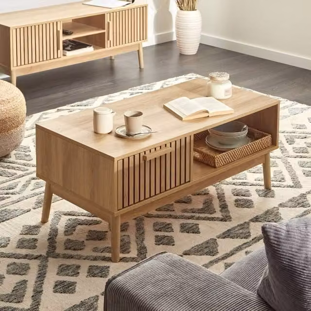 Wyld and Coco Rustic Coffee Table with Drawer and Open Shelf, Brown Wood Top and Pine Legs, W/D/H: 100 x 50 x 43 cm