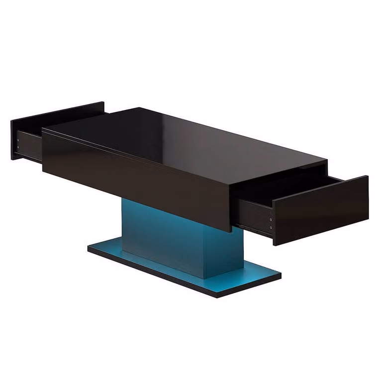 KEEPREAPER Modern Glossy Black Rectangular Coffee Table with 2 Storage Drawers and LED Lights, W/D/H: 110 x 55 x 50 cm