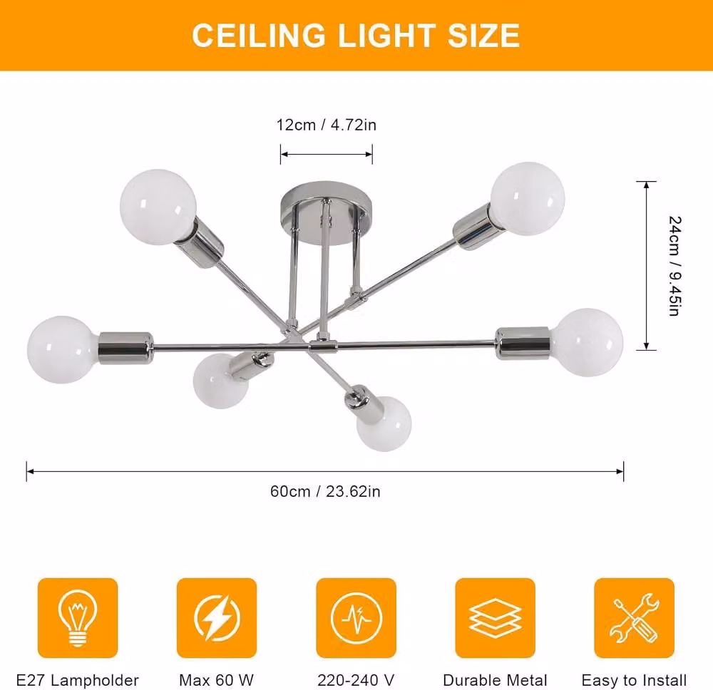 COMELY Modern 6 Head Sputnik Ceiling Light in Silver with Adjustable E27 Base – 2