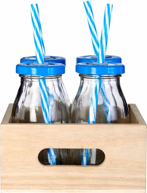 Orsina Set of Glass Drinking Bottles with Blue and White Striped Straws and Lids, Transparent