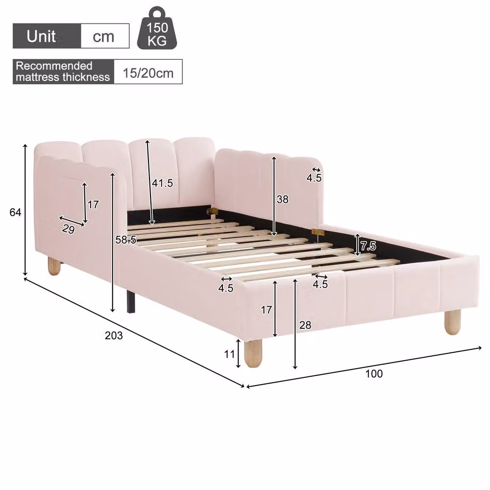 STILVORA 3ft Single Upholstered Velvet Bed Frame in Pink with Side Compartments and Bedside Shelf, W/D/H: 90 x 190 cm – 2