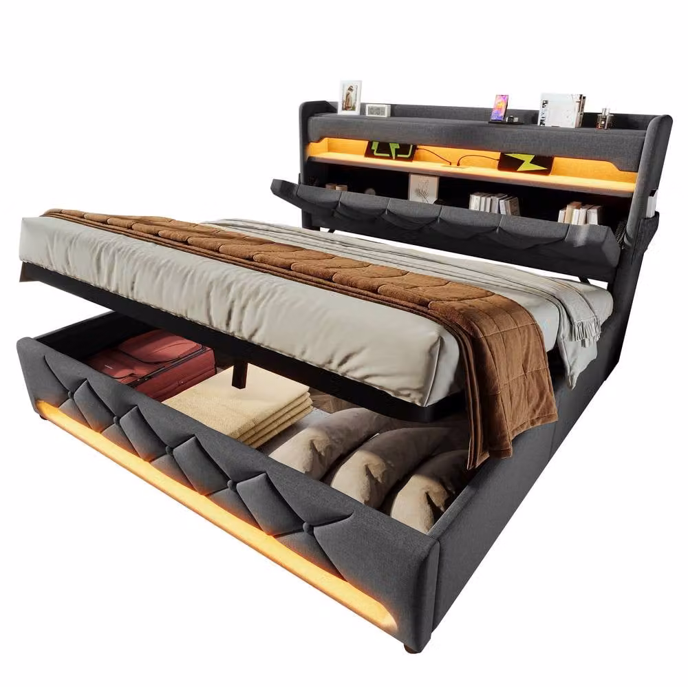 STILVORA Grey Upholstered King Size Bed with LED Lighting, USB Charging Ports and Lift-Up Base, W: 150 cm, L: 200 cm – 4