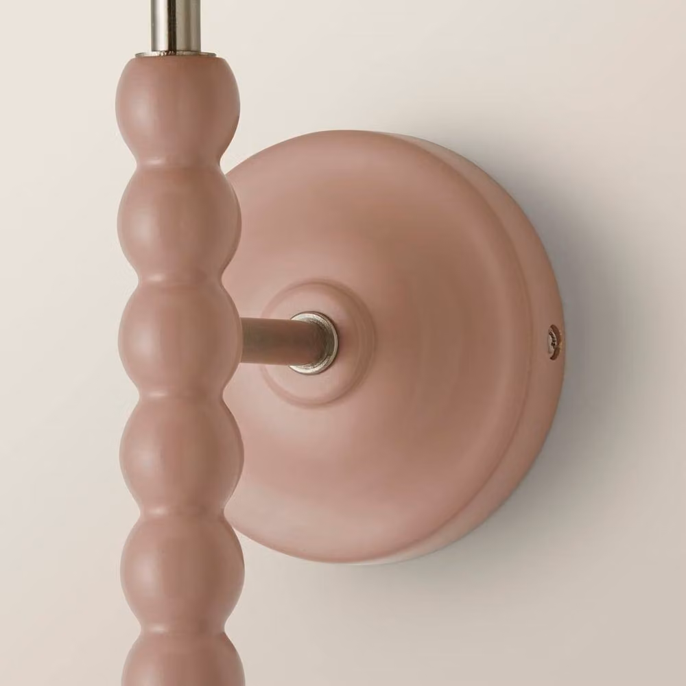 ValueLights Bobbins Pair of Pale Pink Wall Lights with Beige Fabric Shades and Bulbs – 3