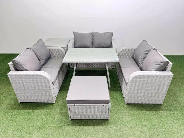 Fimous 7-Seater Patio Furniture Set with Rectangular Table, Love Sofa, Side Table and Stool in Light Grey