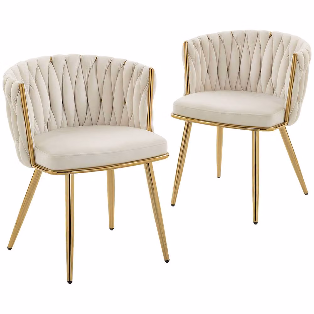 HOMCOM Set of 2 Upholstered Kitchen Chairs with Woven Fabric Backrest in Beige and Gold – 2