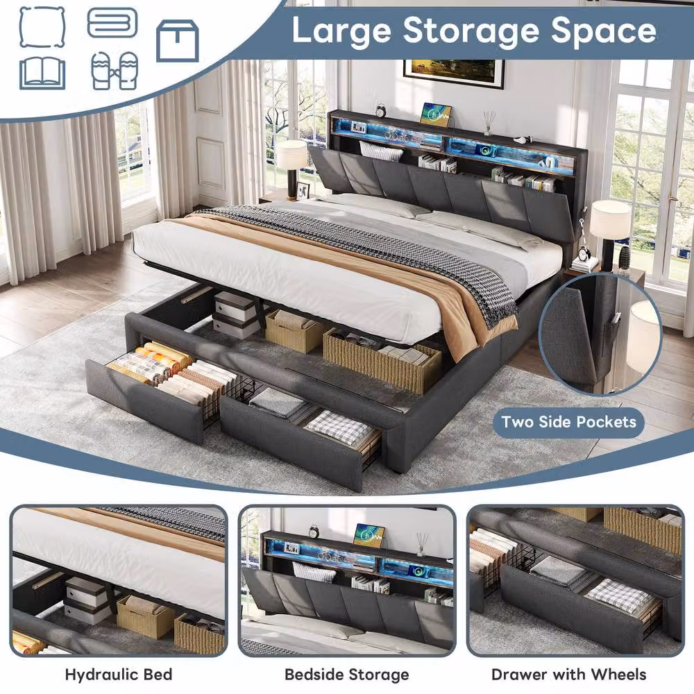 BTM Grey Upholstered Storage Bed with Hydraulic Lift-Up Base, LED Headboard and USB Charging Port, 160 x 200 cm – 3