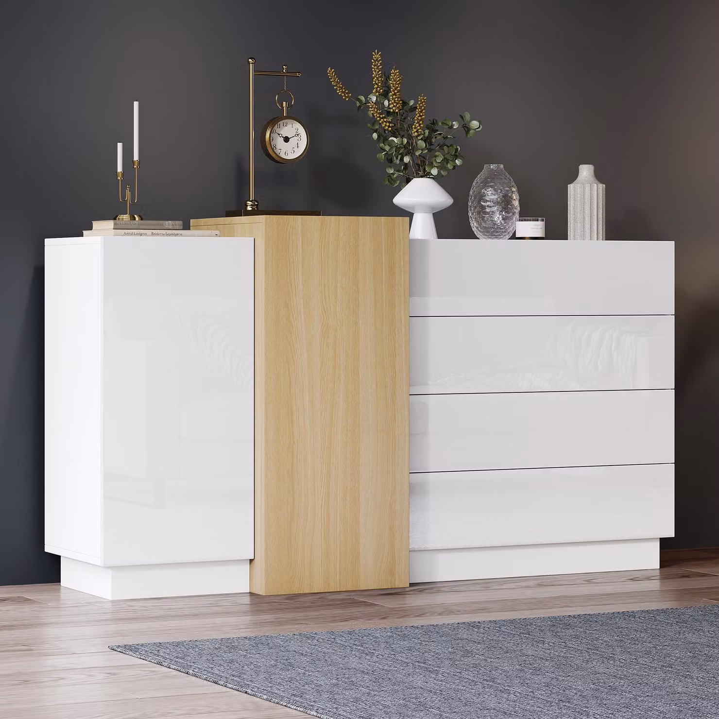 Aosom UK High-Gloss White Sideboard with 4 Drawers and 2 Doors, W: 140 cm, D: 35 cm, H: 76.5 cm – 6