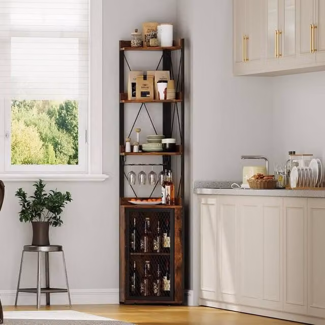 London Boutique Industrial Corner Bar Cabinet and Wine Storage Sideboard in Brown and Black with Glass Holder, Height: 178 cm