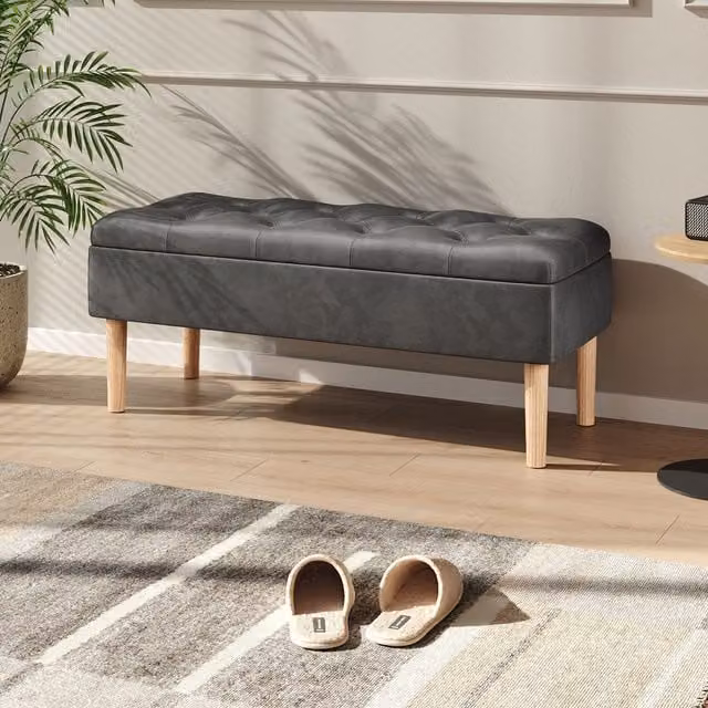 Livingandhome Velvet Upholstered Storage Bench with Rubberwood Legs in Grey