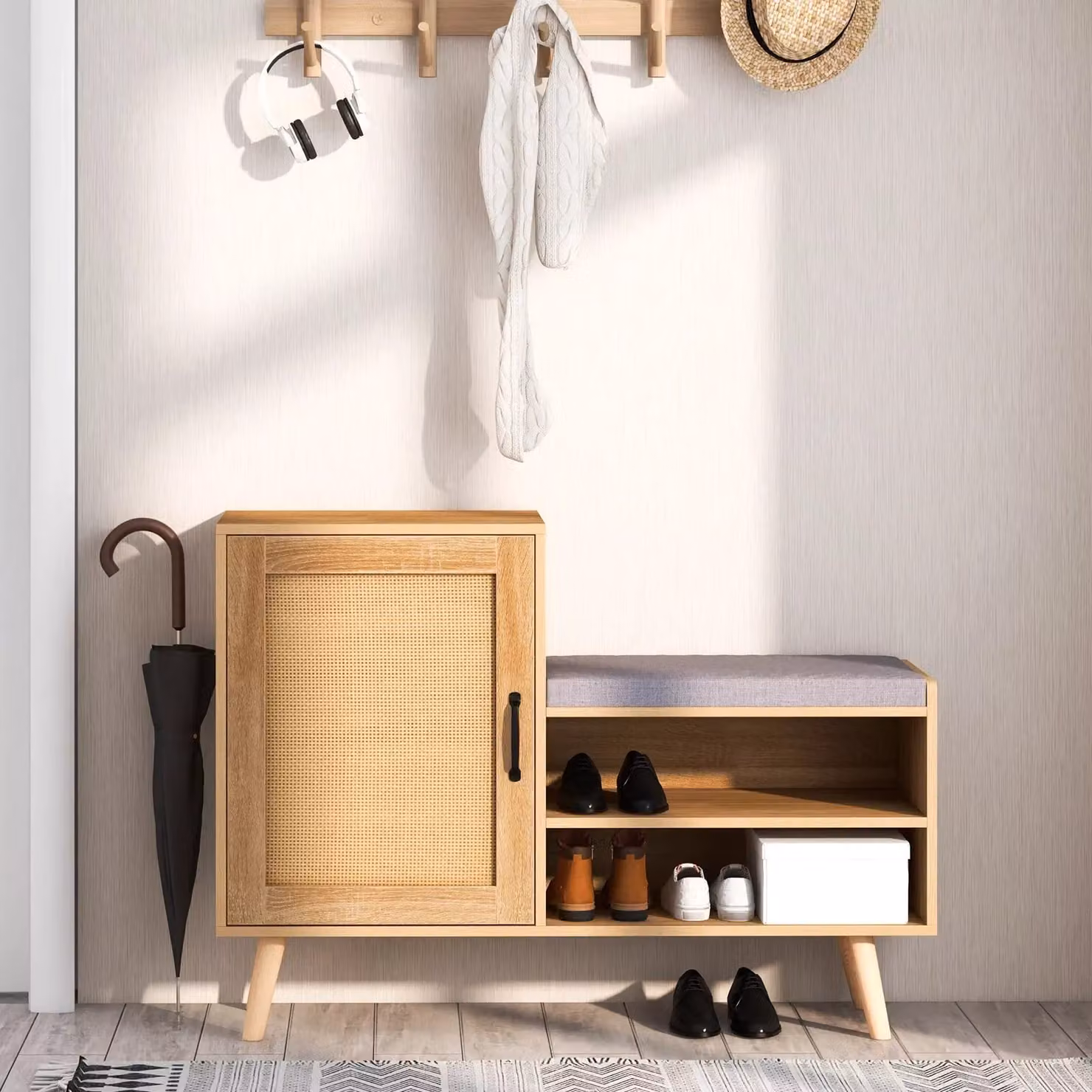 Costway 2-in-1 Rattan Shoe Cabinet and Storage Bench in Natural Brown – 2