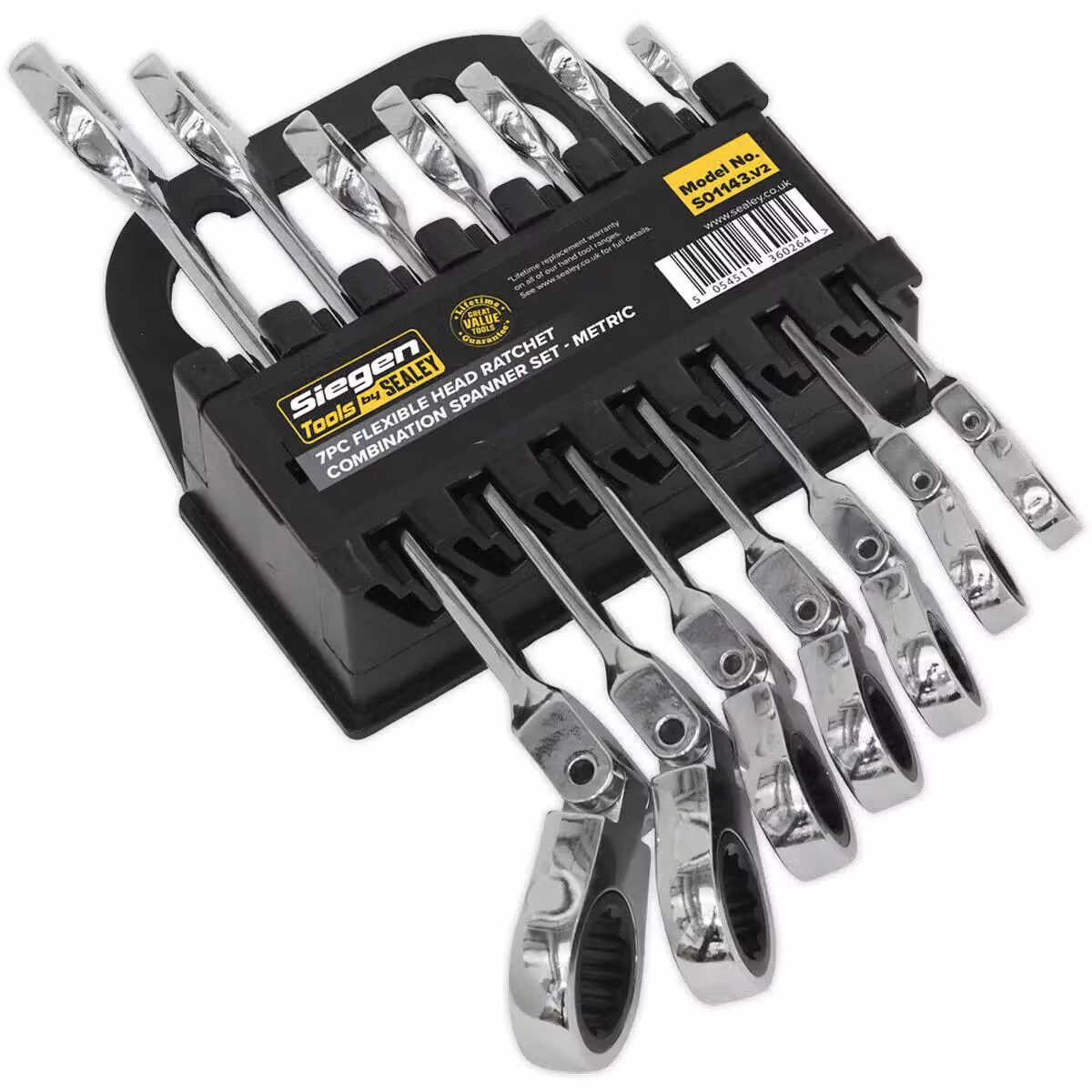 Loops 7pc Flexible Head Combination Ratchet Spanner Set, 12 Point Metric Sockets, Silver and Multicolour Chrome Vanadium Steel – 2