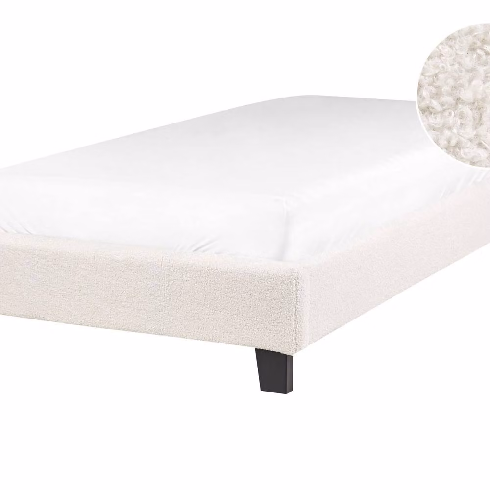 Wyld and Coco Upholstered Single Bed in Beige Boucle, Slatted Frame, W/D/H: 90 x 200 x 29 cm – 2