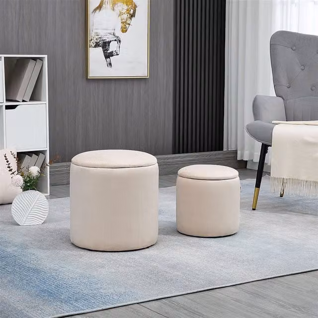 HOMCOM Set of 2 Modern Fabric Storage Ottomans with Removable Lids in Beige and White, W/D/H: 40 x 41 x 41 cm