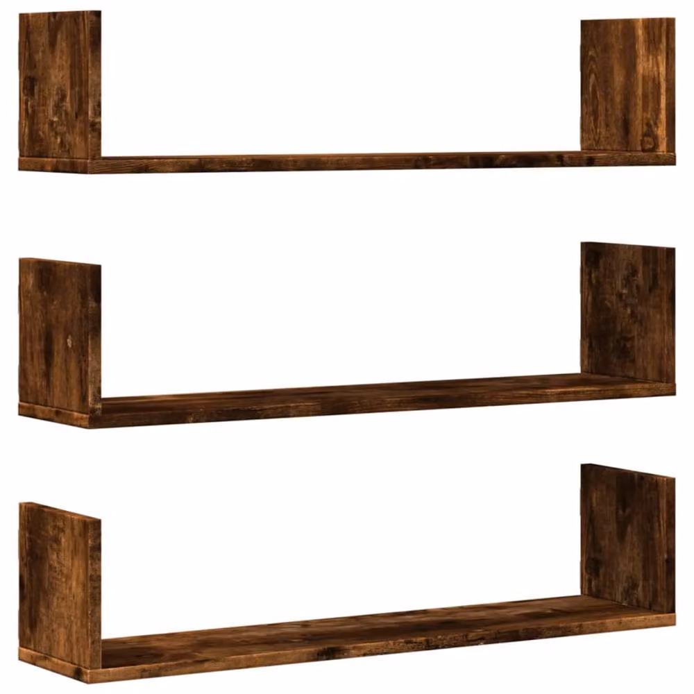 Berkfield Home Set of 3 Smoked Oak Wall Shelves, Brown, W/D/H: 80 x 18 x 18 cm – 3
