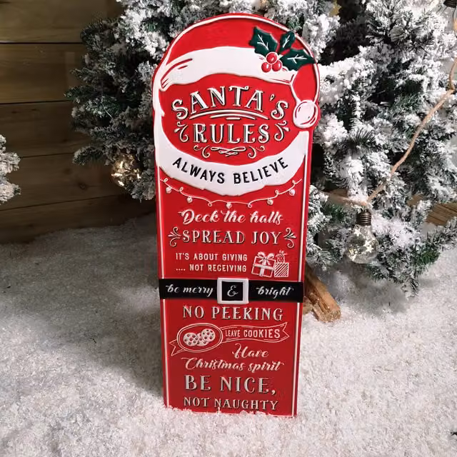 Samuel Alexander Red Metal Santa's Rules Hanging Christmas Sign, H 68 cm x W 25 cm x D 1 cm