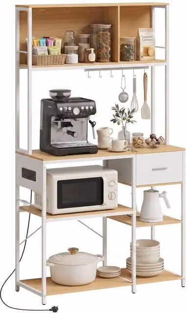 HOMCOM Kitchen Storage Rack with Power Outlet, USB and Type-C Ports, Drawer, Shelves and 4 Hooks, Oak and White