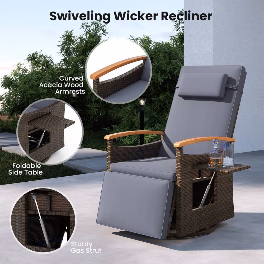 Gymax 360 Swivel Wicker Lounge Chair with Flip Side Table and Gas Spring Recline in Grey – 5