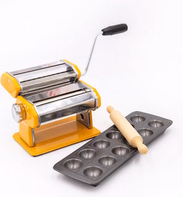 KitchenCraft 3pc Pasta Making Set in Yellow Stainless Steel with Non-Stick Ravioli Mould and Rolling Pin – 1