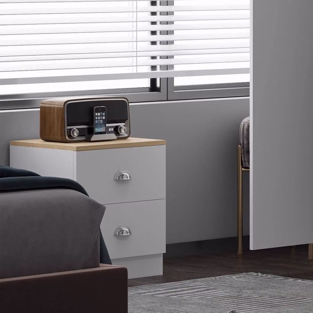 ERGOVEXA 2 Drawer Bedside Cabinet with Oak Top and Metal Cup Handles in White – 4
