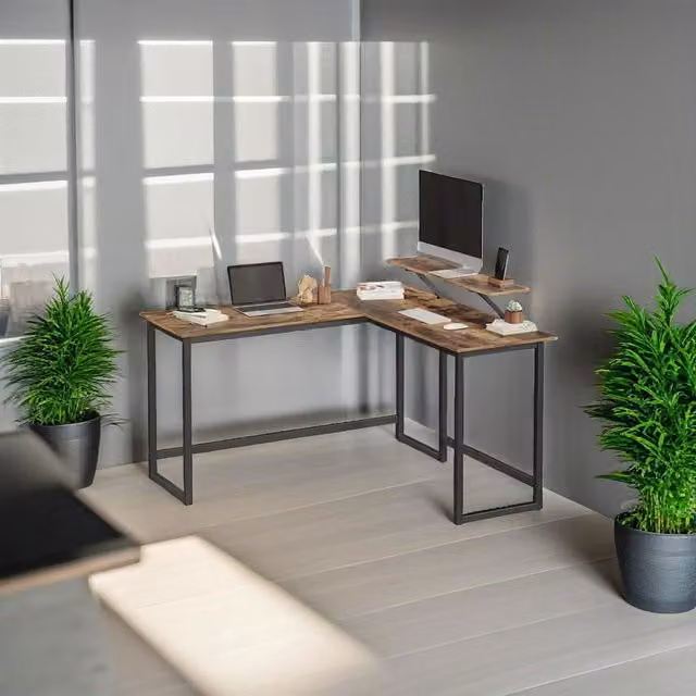 Modcraft Industrial Style Brown Corner Computer Desk with Monitor Stand
