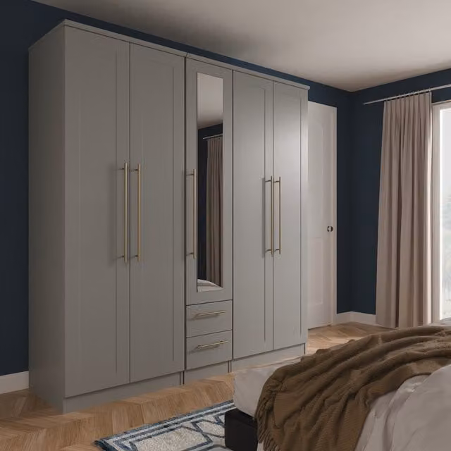 Haworth Ready Assembled Tall 5 Door 2 Drawer Wardrobe with Mirror in Dusk Grey