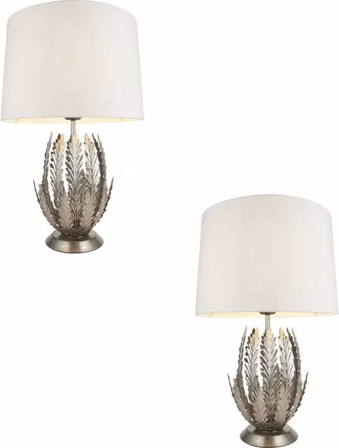 Loops 2 Pack Ornate Silver Table Lamps with Beige Fabric Cylinder Shades – 1