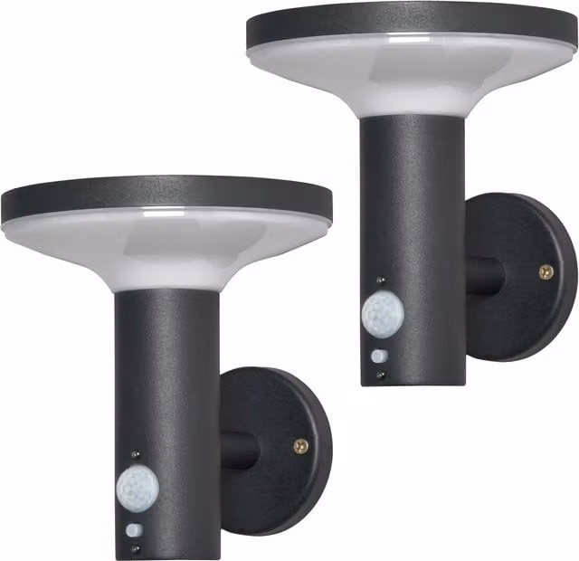 Litecraft Uris 2 Pack Solar LED Outdoor Wall Lights with PIR Motion Sensor in Black Aluminium