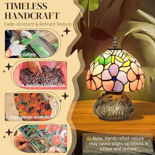 HOMCOM Tiffany-Style Table Lamp with Sculpted Dragonfly Base in Pink, Bronze and Multicolour – 4