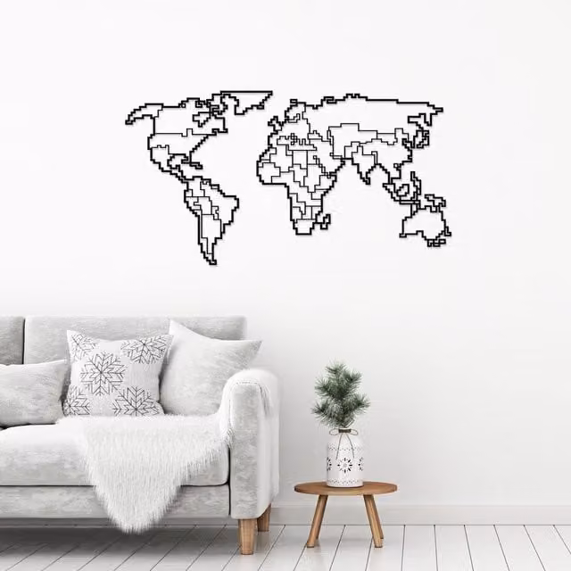 Decortie World Map Metal Wall Art, Black