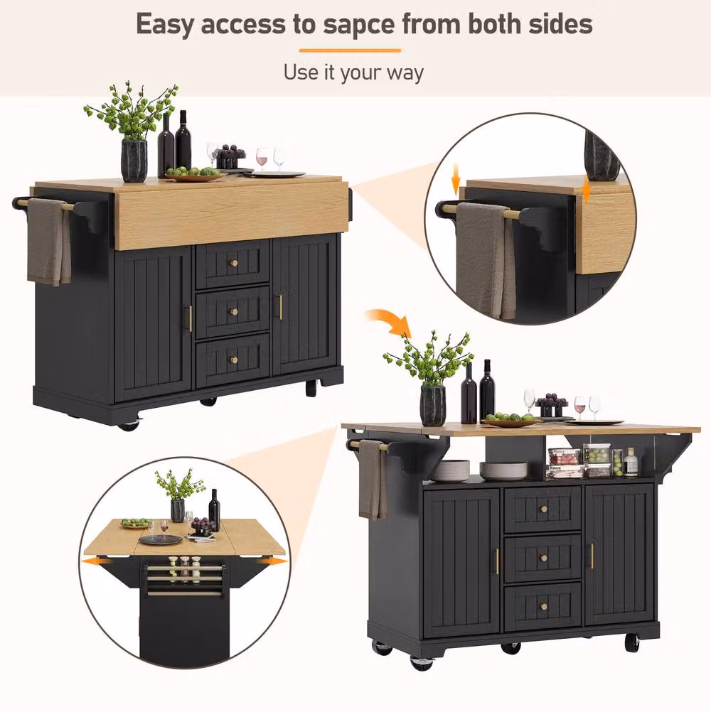 STILVORA Modern Black Kitchen Island with 3 Drawers and 2 Doors, W/D/H: 120 x 40 x 95 cm – 7