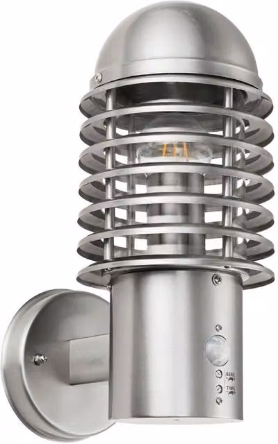 Loops IP44 Outdoor Wall Lantern in Brushed Silver with Motion and Dusk Sensors – 1
