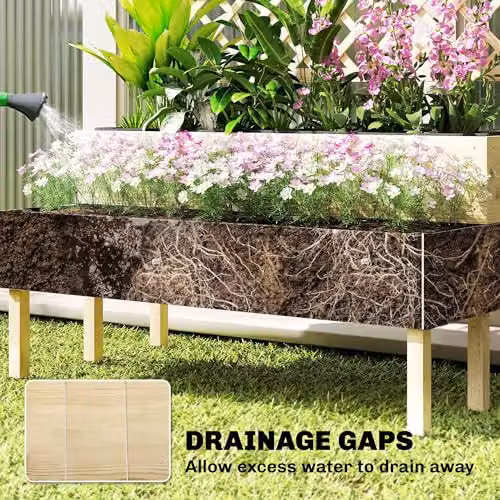 Outsunny 2-Tier Wooden Raised Garden Bed Planter with Trellis, Brown, H x W x D: 120 x 108 x 62 cm – 5