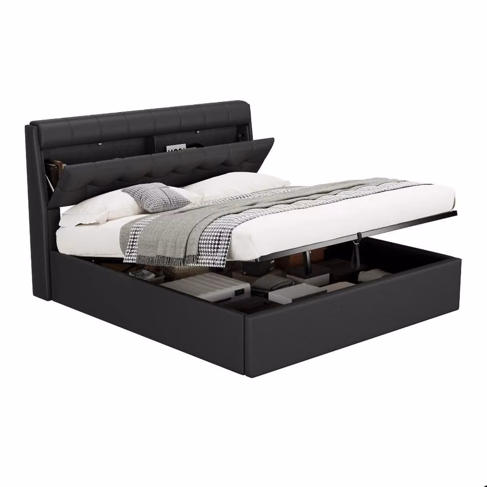 Rolipo Black PU Upholstered Double Bed with Hydraulic Storage and Headboard W: 135 cm, D: 190 cm – 6