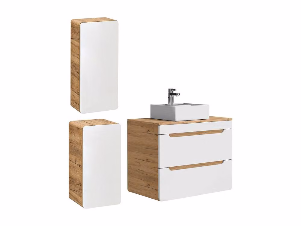 Vente-unique Modern Wall-Mounted Bathroom Furniture Set in Light Oak with Ceramic Countertop Basin, Tall Cabinet and Two Columns, W/D/H: 59 x 46 x 80 cm – 2