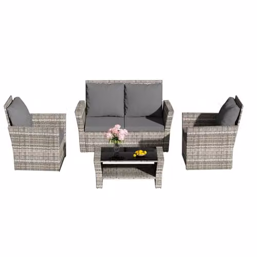 Birchtree 4 Seater Grey Rattan Garden Furniture Set with 2 Seater Sofa, Armchair, Coffee Table and Cushions – 6