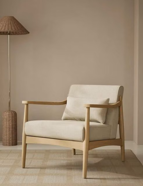 Gallery Direct Sherwood Mid Century Accent Chair in Beige Chenille with Light Oak Solid Wood Frame
