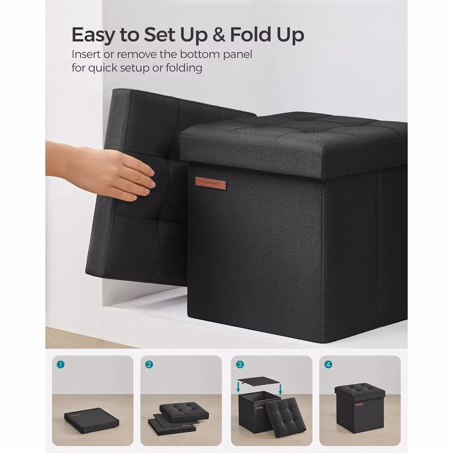 SONGMICS Small Foldable Storage Ottoman Foot Rest in Black – 5