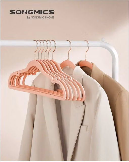 SONGMICS Non-Slip Velvet Flocked Coat Hangers with Notches and Swivel Hook, Pink, 2.2kg